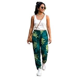Tropical Floral Pants Medium Green Tie Dye Silk  Synchronicity Vintage Batik